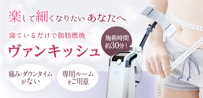 楽して細くなりたいあなたへ 寝ているだけで脂肪燃焼 ヴァンキッシュ 痛み・ダウンタイムがない 専用ルームをご案内 施術時間約30分!